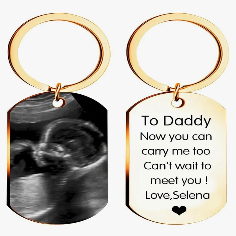 Custom baby scan keychain with ultrasound image engraving in gold