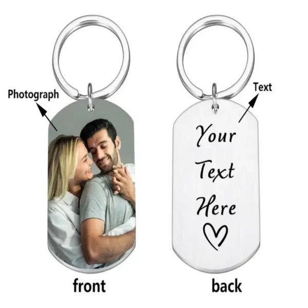 Silver custom photo keychain with detailed engraving