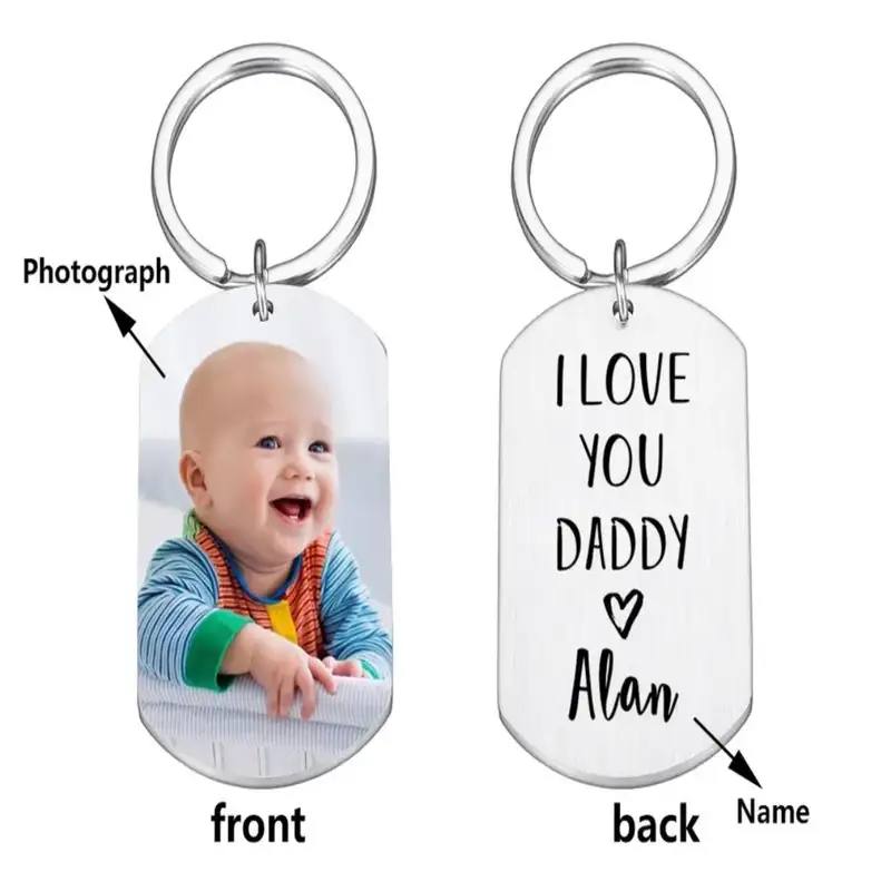 Silver custom photo keychain with detailed engraving