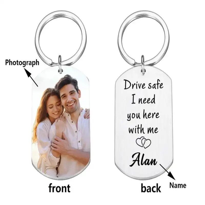 Silver custom photo keychain with detailed engraving
