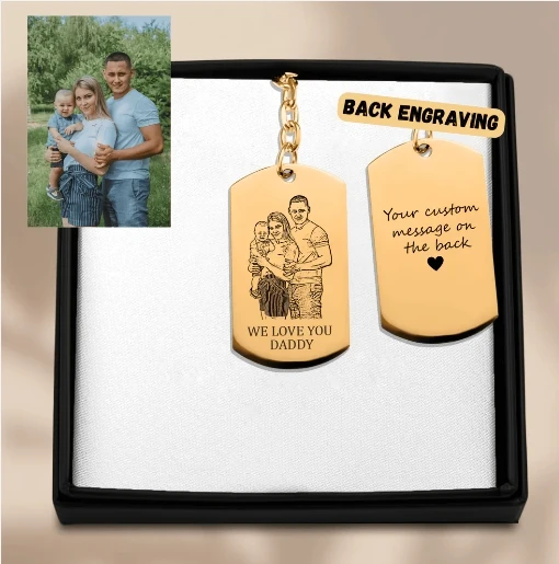 Gold custom family portrait tag keychain with detailed engraving