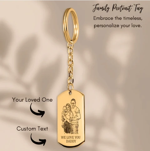 Gold custom family portrait tag keychain with detailed engraving