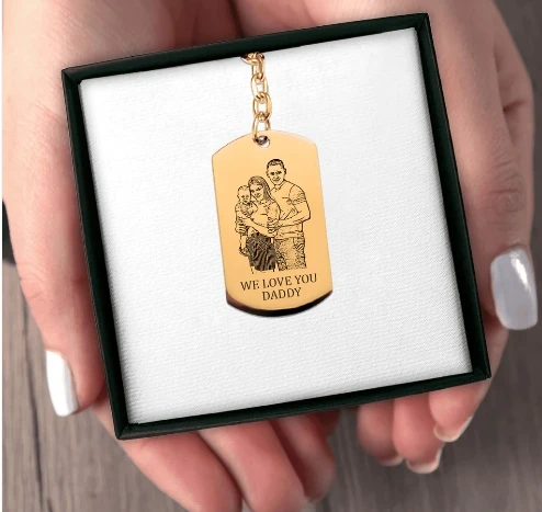 Gold custom family portrait tag keychain with detailed engraving