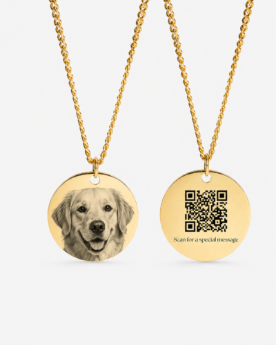 Custom Circle Pendant Necklace with Photo & Hidden QR Code:Gold circular necklace featuring a custom engraved portrait of a man on the front, with a QR code engraved on the back that reveals a hidden message when scanned.