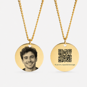 Custom Circle Pendant Necklace with Photo & Hidden QR Code:Gold circular necklace featuring a custom engraved portrait of a man on the front, with a QR code engraved on the back that reveals a hidden message when scanned.