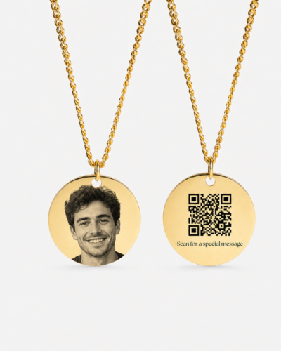 Custom Circle Pendant Necklace with Photo & Hidden QR Code:Gold circular necklace featuring a custom engraved portrait of a man on the front, with a QR code engraved on the back that reveals a hidden message when scanned.