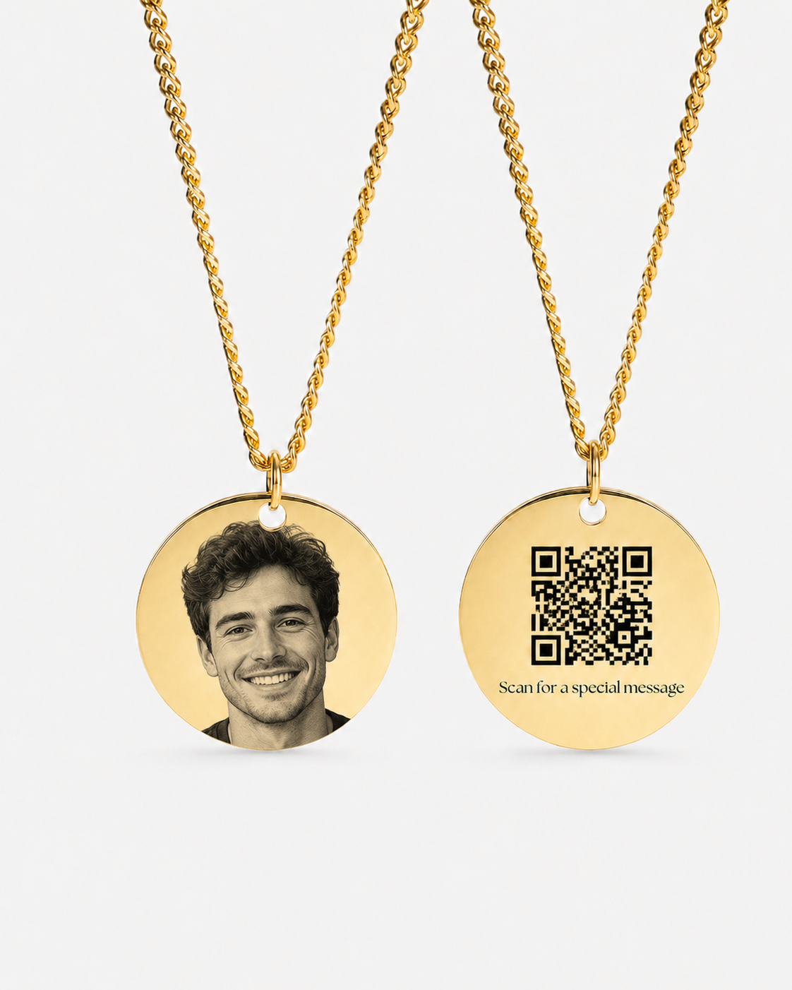 Custom Circle Pendant Necklace with Photo & Hidden QR Code:Gold circular necklace featuring a custom engraved portrait of a man on the front, with a QR code engraved on the back that reveals a hidden message when scanned.