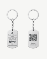 Custom engraved business logo keychain with scannable QR code, designed for easy branding and instant customer access to website, booking page, contact info, or social media. Durable stainless steel keychain with clean professional engraving, perfect for small businesses, salons, realtors, dealerships, and promotional gifts on silver.