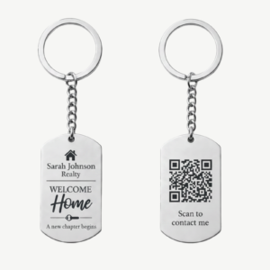 Custom engraved business logo keychain with scannable QR code, designed for easy branding and instant customer access to website, booking page, contact info, or social media. Durable stainless steel keychain with clean professional engraving, perfect for small businesses, salons, realtors, dealerships, and promotional gifts on silver.