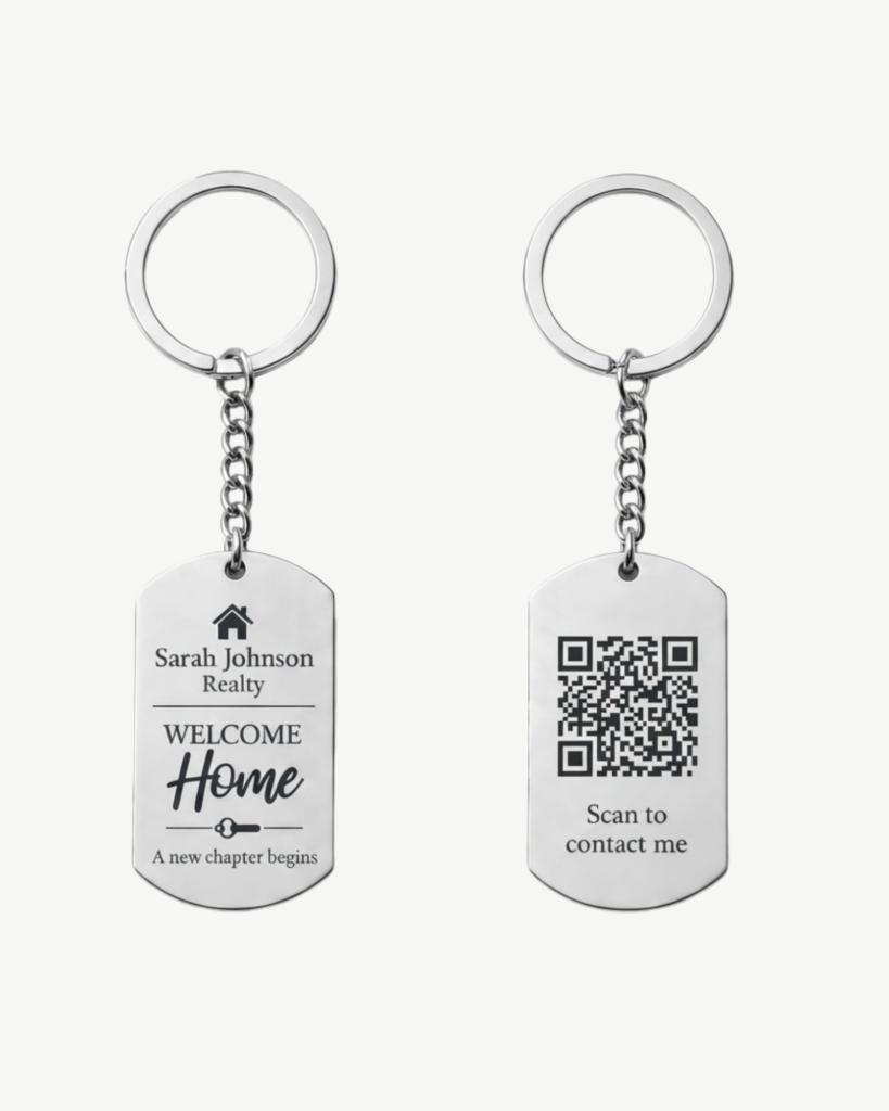 Custom engraved business logo keychain with scannable QR code, designed for easy branding and instant customer access to website, booking page, contact info, or social media. Durable stainless steel keychain with clean professional engraving, perfect for small businesses, salons, realtors, dealerships, and promotional gifts on silver.