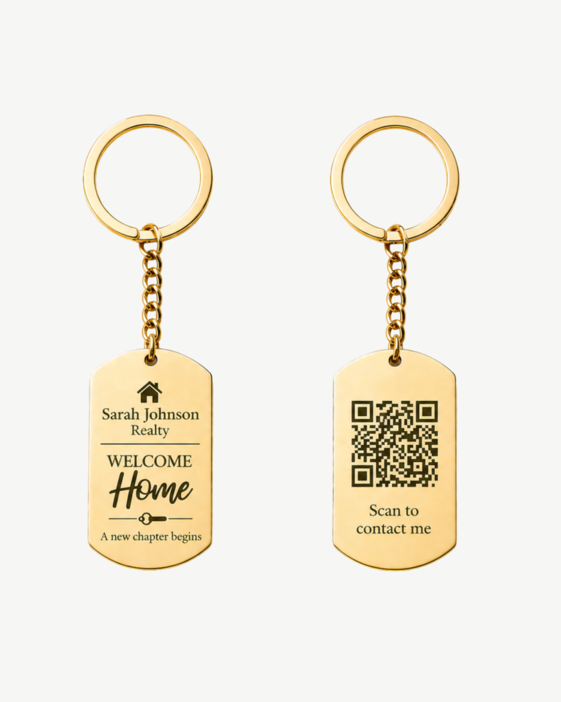 Custom engraved business logo keychain with scannable QR code, designed for easy branding and instant customer access to website, booking page, contact info, or social media. Durable stainless steel keychain with clean professional engraving, perfect for small businesses, salons, realtors, dealerships, and promotional gifts on gold