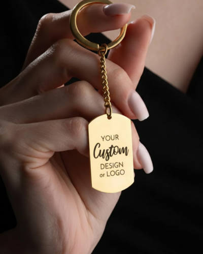 Custom engraved business logo keychain with scannable QR code, designed for easy branding and instant customer access to website, booking page, contact info, or social media. Durable stainless steel keychain with clean professional engraving, perfect for small businesses, salons, realtors, dealerships, and promotional gifts on silver.