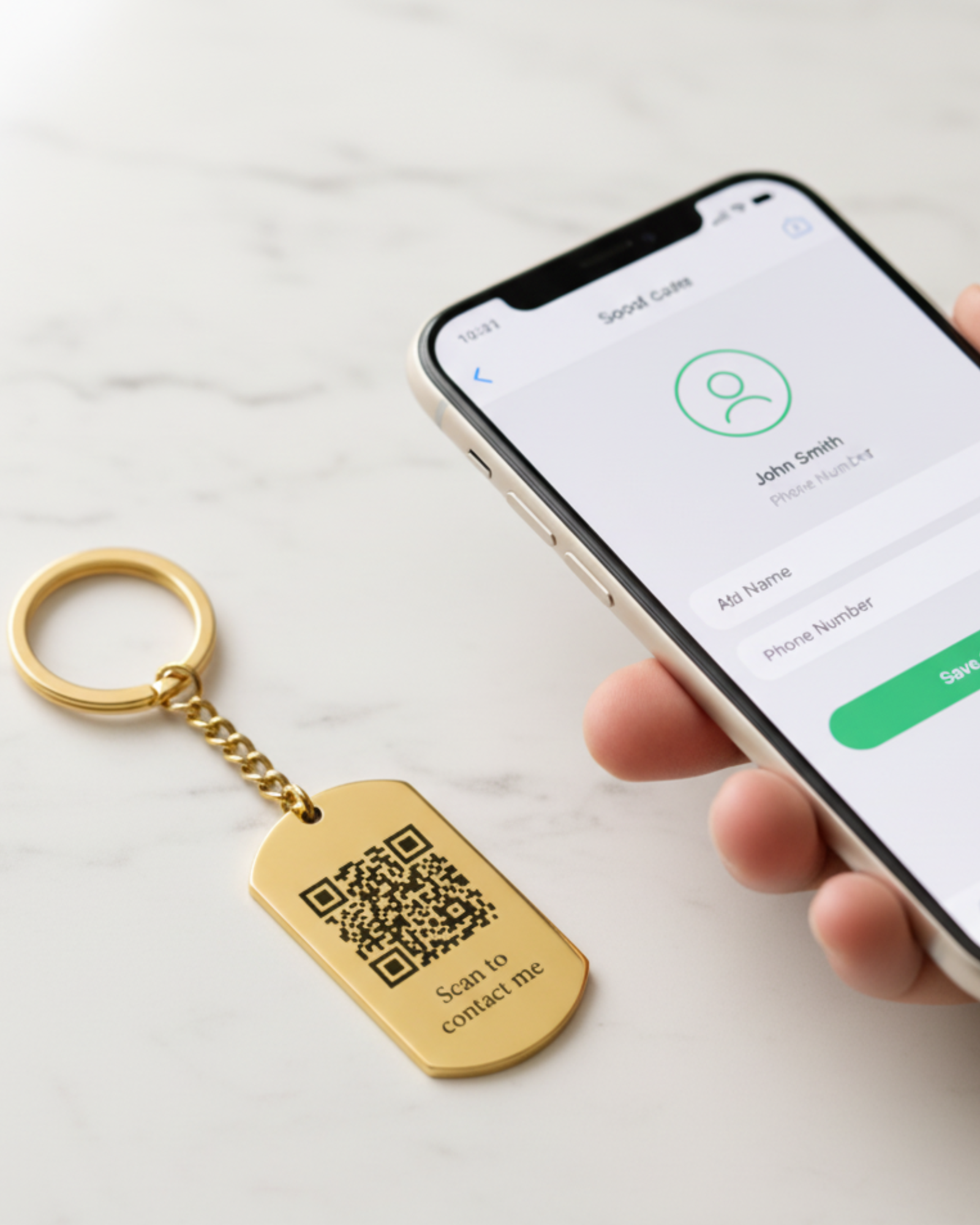 a phone scanning QR code to save contact
