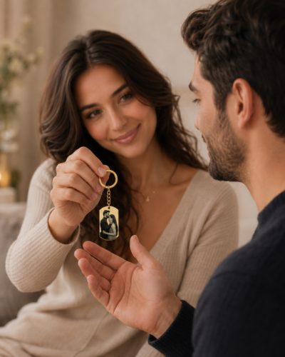 Hidden Message Photo Keychain: Two silver keychains displayed on a clean light background. One rectangular pendant features a black-and-white couple photo, and the other pendant shows a QR code with the words “Scan our love story.