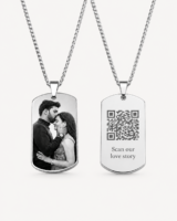 Hidden Message Photo Necklace: Custom photo necklace with hidden QR code message in gold stainless steel, front and back pendant view for couples' gift