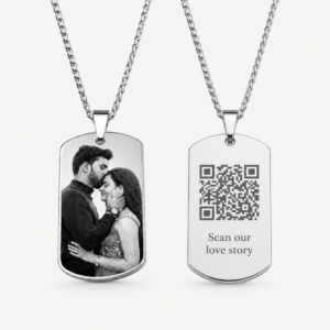 Hidden Message Photo Necklace: Custom photo necklace with hidden QR code message in gold stainless steel, front and back pendant view for couples' gift