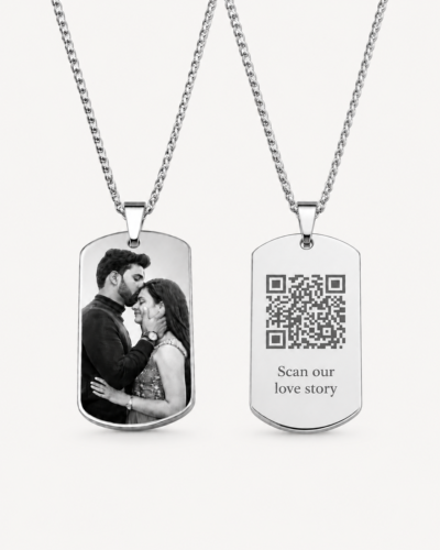 Hidden Message Photo Necklace: Custom photo necklace with hidden QR code message in gold stainless steel, front and back pendant view for couples' gift