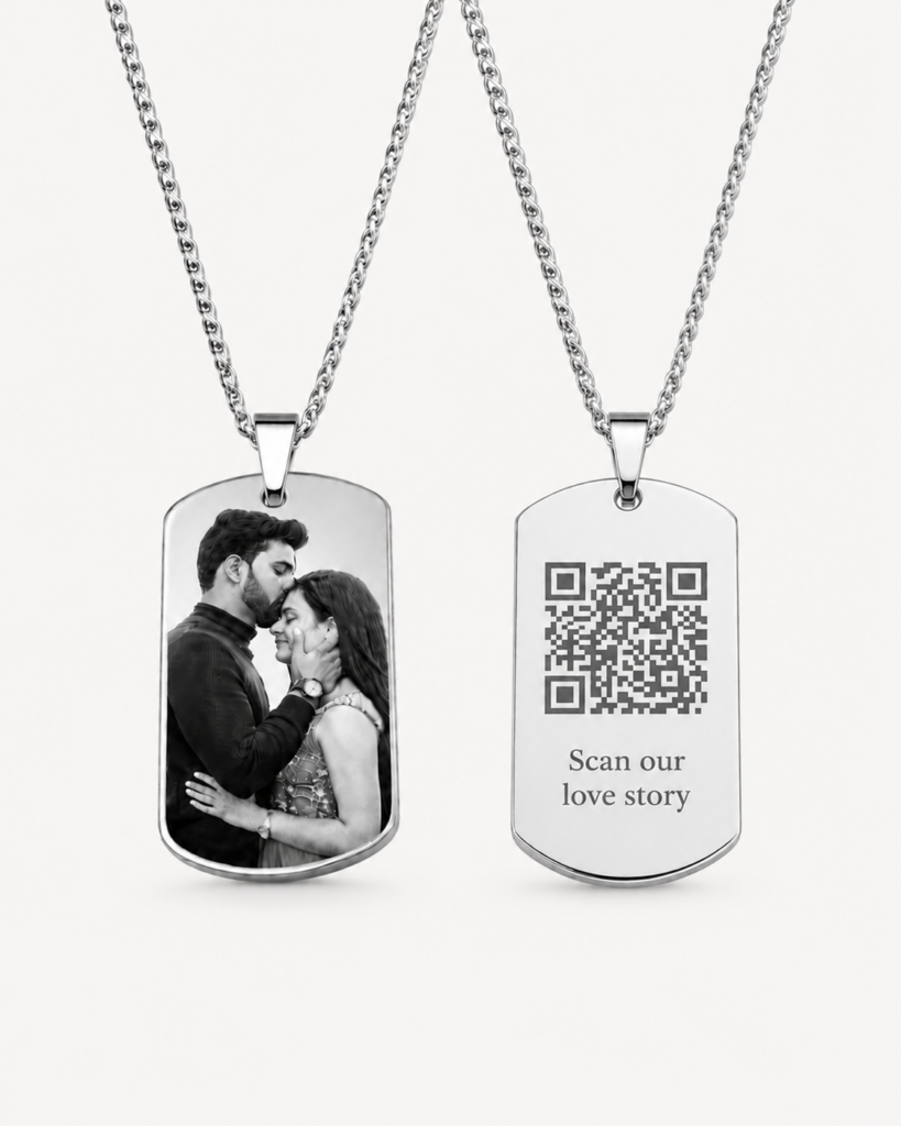 Hidden Message Photo Necklace: Custom photo necklace with hidden QR code message in gold stainless steel, front and back pendant view for couples' gift