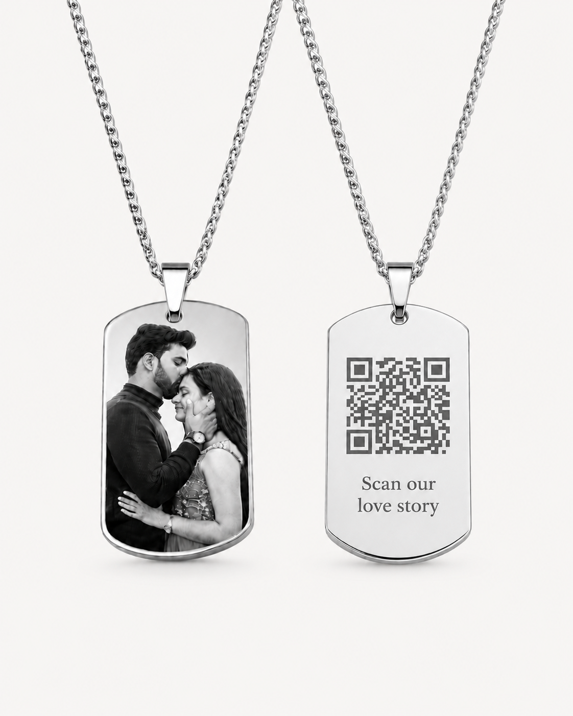 Hidden Message Photo Necklace: Custom photo necklace with hidden QR code message in gold stainless steel, front and back pendant view for couples' gift