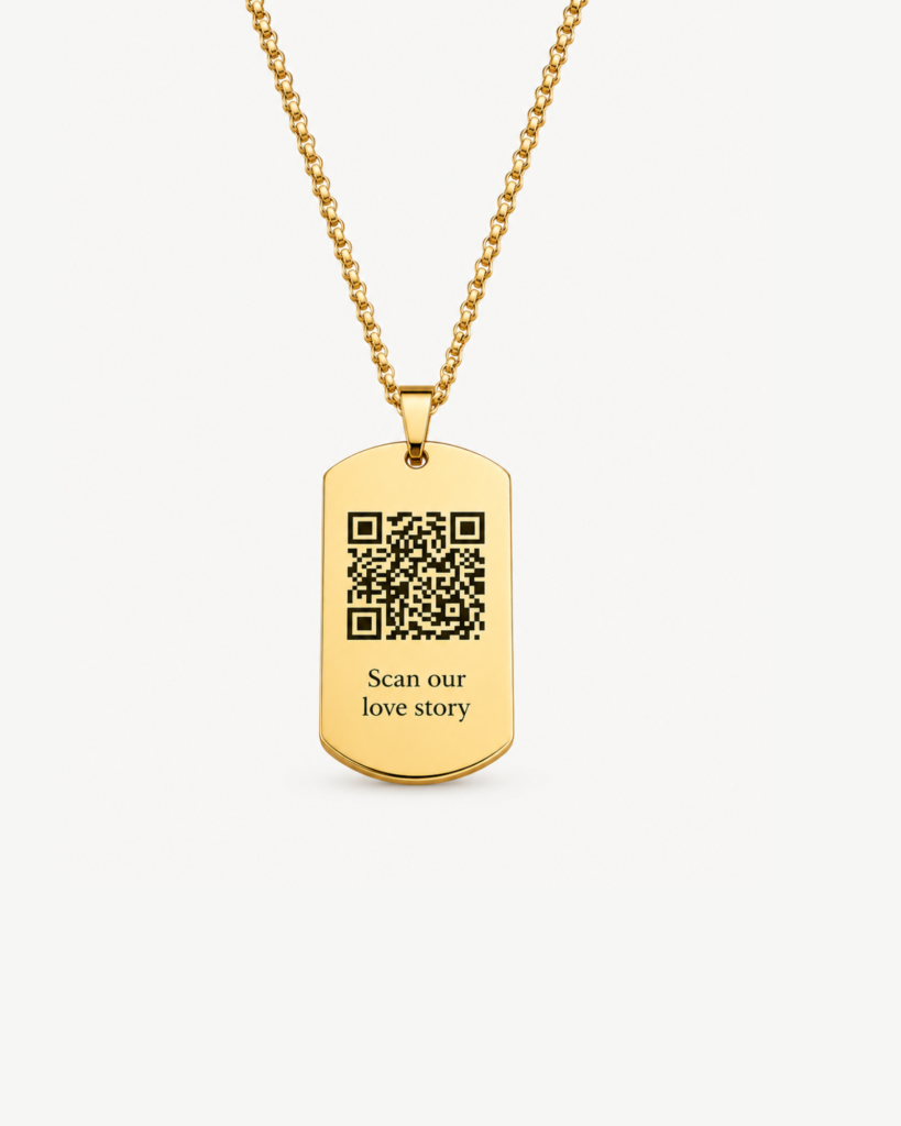 Gold QR code necklace engraved with “Scan Our Love Story” hidden message pendant for couples and anniversaries