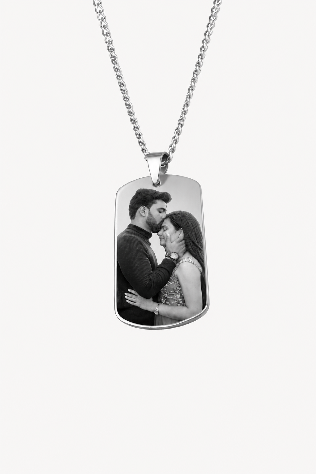 Custom photo necklace with hidden QR code message in silver stainless steel, front and back pendant view for couples gift