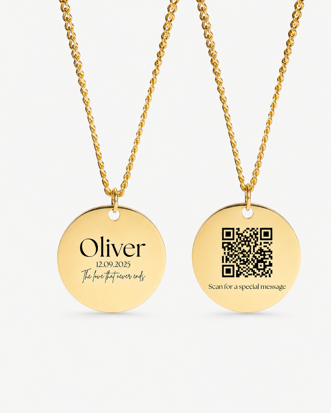 : Two gold round pendant necklaces on a clean light background. The left pendant is engraved with the name “Oliver,” a date, and a short handwritten-style message. The right pendant features a QR code with the phrase “Scan for a special message” underneath.