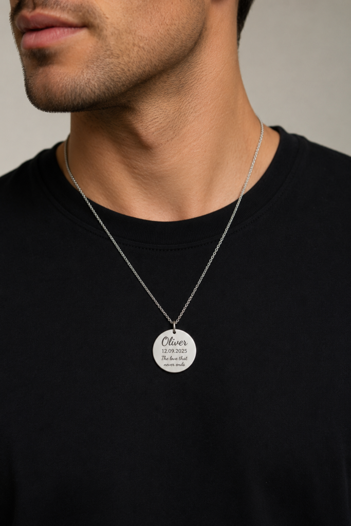 Close-up of a man wearing a silver round pendant necklace over a black shirt. The pendant is engraved with the name “Oliver,” a date, and the phrase “The love that never ends.