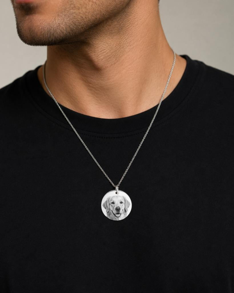 Close-up photo of a man wearing a silver round pendant necklace engraved with a dog detailed silver Retriever a portrait. The necklace is displayed on a soft neutral outfit with natural lighting, highlighting the custom pet memorial jewelry design.
