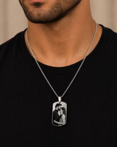 Hidden Message Photo Necklace: Custom photo necklace with hidden QR code message in gold stainless steel, front and back pendant view for couples' gift