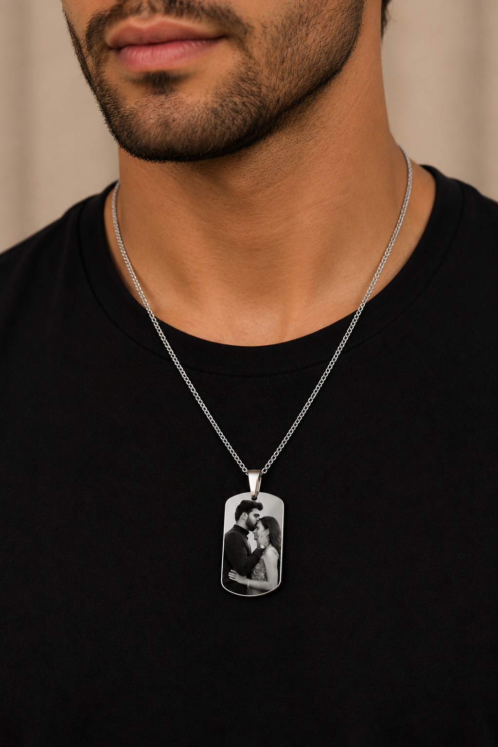 Male model wearing personalized silver photo necklace with QR code pendant, custom couple memory necklace gift