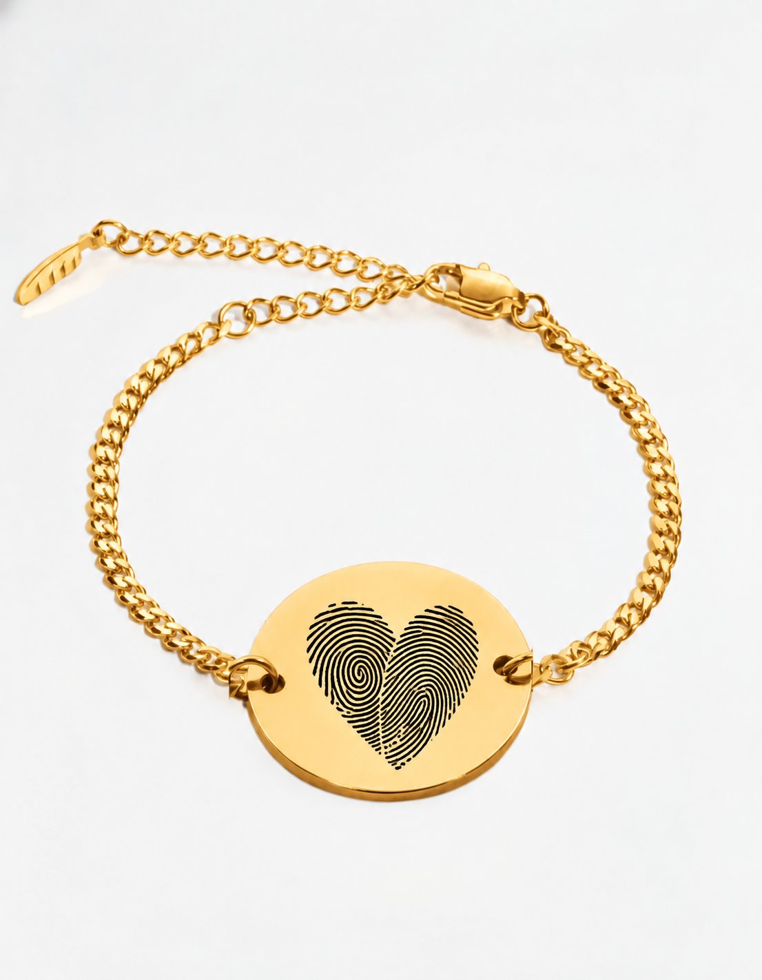 Gold two fingerprint heart bracelet — round disc with two fingerprints engraved as a heart on a gold Cuban chain bracelet. Actual fingerprint bracelet for couples, anniversary keepsake gift in gold plated stainless steel.