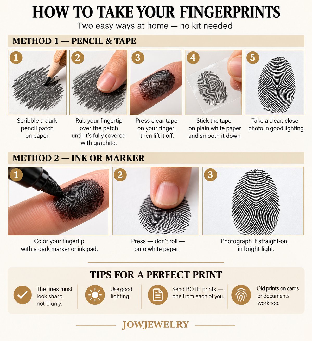 How to take your fingerprints at home — Method 1 pencil and tape in 5 steps, Method 2 ink or marker in 3 steps, plus tips for a perfect print. Two fingerprint bracelet photo guide by JowJewelry.