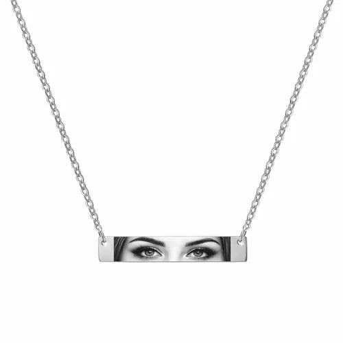 Silver custom eye necklace with engraved black and white from real photo