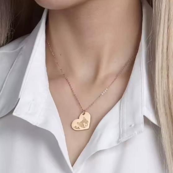 Custom Heart Pet Portrait Necklace on model