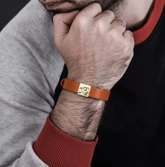 Engraved Photo Leather Bracelet for Dad