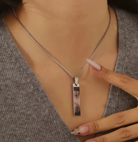 personalized color eye necklace silver variant on model