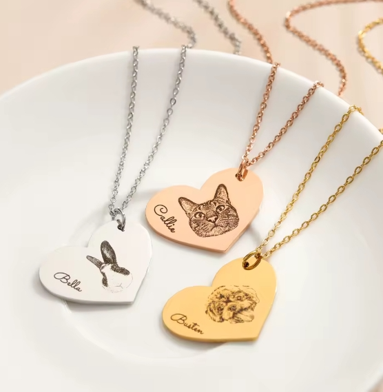 3 personalized heart pet necklaces gold, rose gold and silver