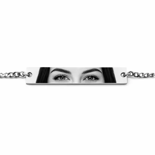 Close-up of Personalized Eye Photo Bracelet in silver finish