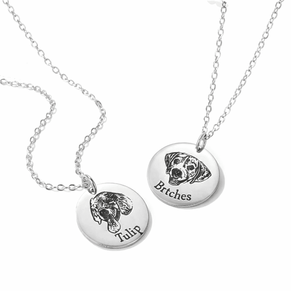 Personalized Dog Portrait Photo Necklace, engraved pet memorial jewelry for dog owners.
