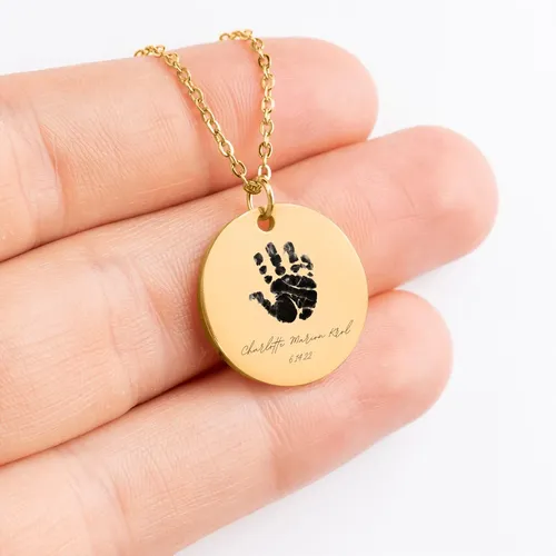 Custom engraved baby handprint necklace in gold