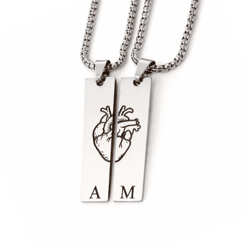 Personalized split heart necklaces with initials for couples – matching jewelry set