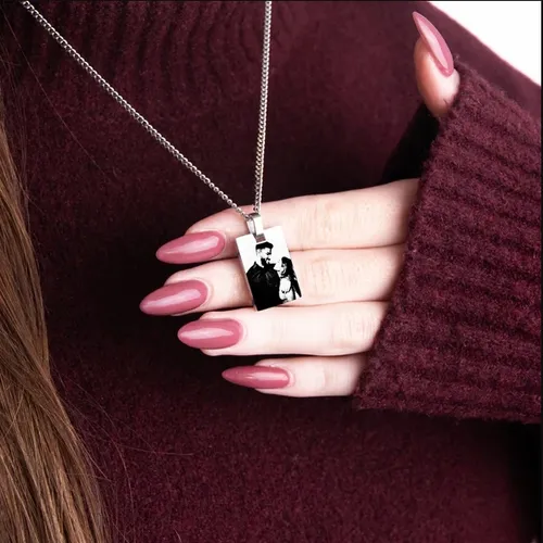 Custom photo necklace with engraved rectangular pendant, personalized keepsake jewelry