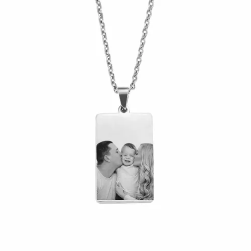 Rectangle pendant necklace displaying a custom engraved photo in silver chain